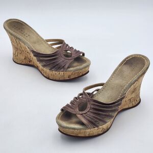 Barneys New York Y2K Vintage Leather Cork Wedge Sandals Brown Size 9.5